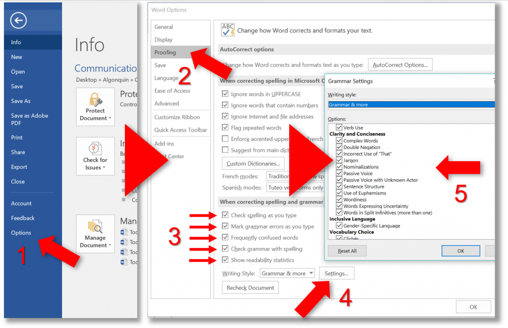 Screenshot showing how to change Spelling and Grammar settings in Microsoft Word